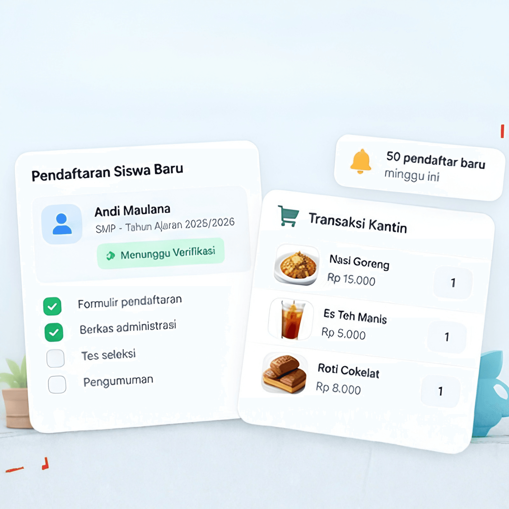 Kartu pendaftaran siswa baru dan transaksi kantin